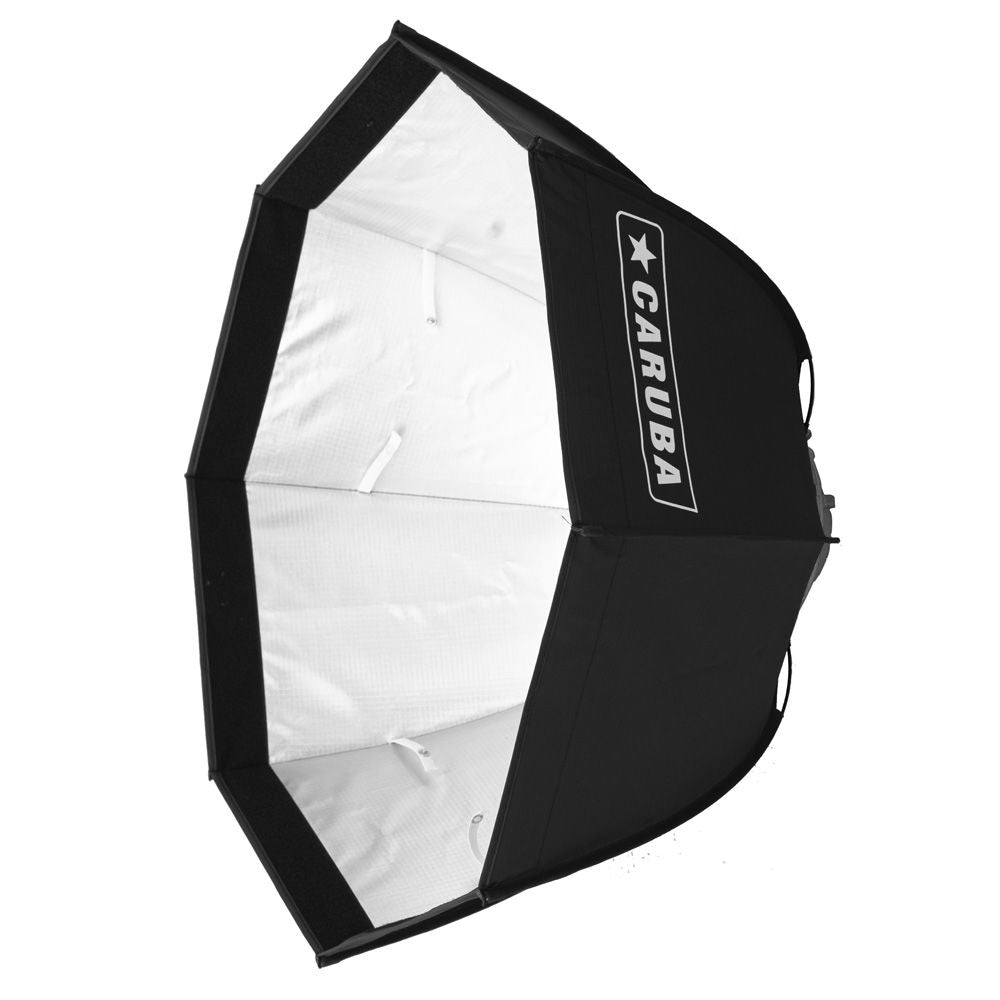Octagonal softbox front view: black outer fabric, white inner ribs and diffuser surface