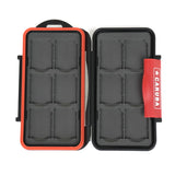 SD card case for 12 cards with orange trim, open lid showing molded 12-slot layout