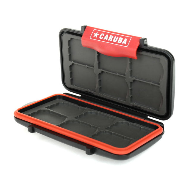 Black SD card case for 12 cards, orange trim, open lid with molded compartments