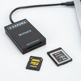 XQD card reader with microSD adapter and Sony XQD G 64GB card, black body