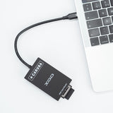 XQD and SD USB-C card reader connected to laptop, compact black unit