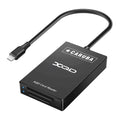2-in-1 XQD and SD USB-C card reader, black, with USB-C cable and indicator lights