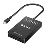 2-in-1 XQD and SD USB-C card reader, black, with USB-C cable and indicator lights