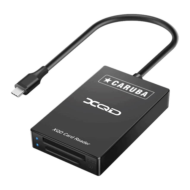 2-in-1 XQD and SD USB-C card reader, black, with USB-C cable and indicator lights