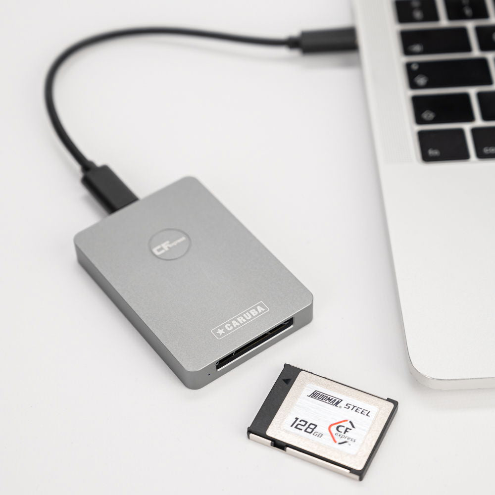 CFexpress Type B USB reader connected to laptop, with CFexpress card inserted