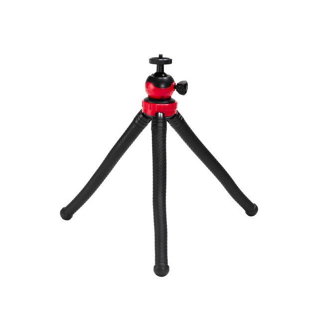 Red-and-black mini tripod with ball head and three textured legs