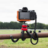 Mini tripod on ball head with camera attached; textured black legs and grips