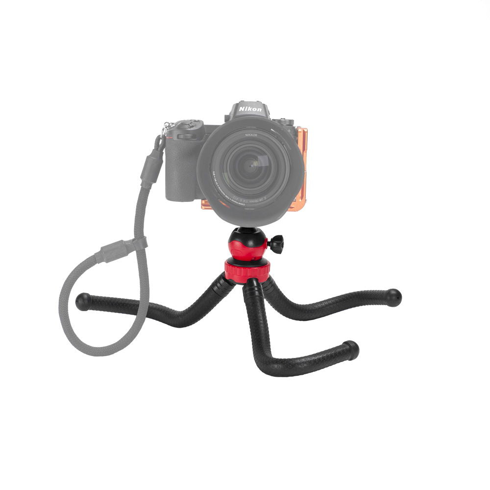 Mini tripod with red ball head and camera mount; extended black legs