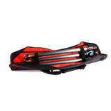 Tripod cover case open, showing folded tripod legs inside, black with red accents