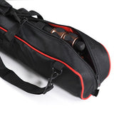 Side pocket on tripod bag cover with zipper, black case with red piping, small accessories visible