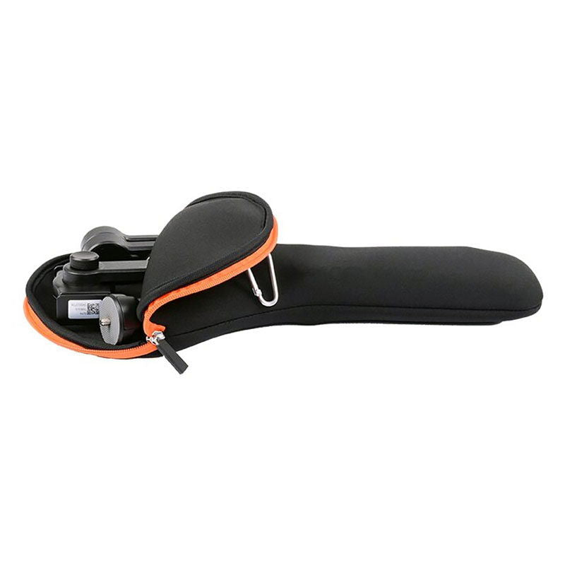 Husă neagră pentru gimbal smartphone deschisă, căptușeală și contur portocaliu la fermoar