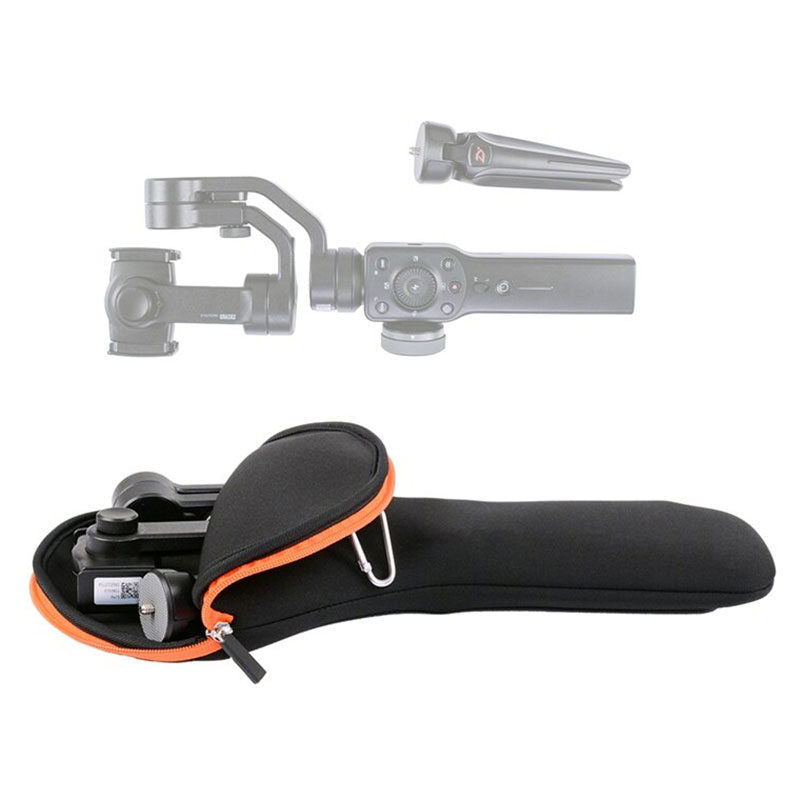 Husă gimbal smartphone neagră cu gimbal introdus, interior căptușit și margine portocalie