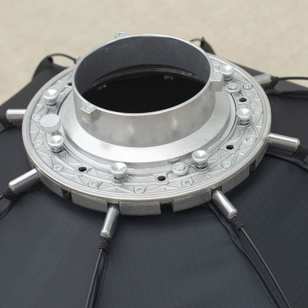 Bowens-mount connector ring on octagonal softbox with metal mount plate and screws