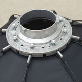 Bowens-mount connector ring on octagonal softbox with metal mount plate and screws