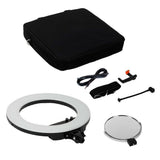Ring light kit with black carry case, white ring, and round accessory reflector