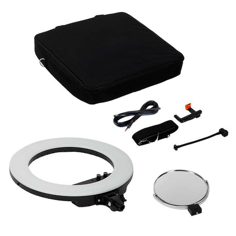 Ring light kit with black carry case, white ring, and round accessory reflector