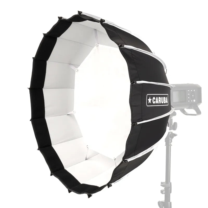 Open 60cm beautydish reflector with black frame and white interior panels on mount