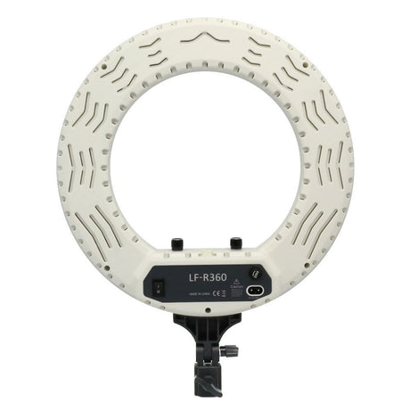 Back view of 30cm LED ring light: vented white ring, ports and black clip
