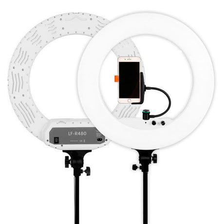 45cm bicolor LED ring light with phone holder and control knobs