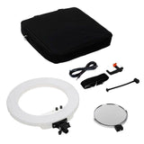 Bicolor LED ring light kit with carrying case, power cable, and phone mounting
