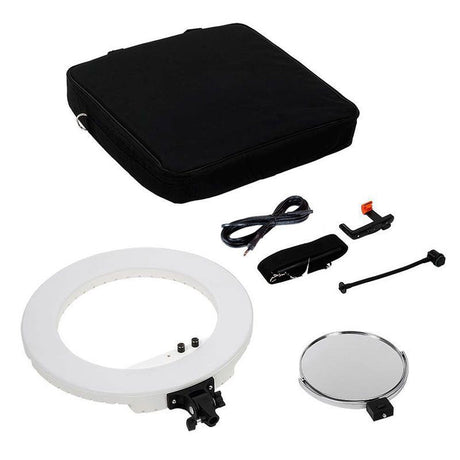 Bicolor LED ring light kit with carrying case, power cable, and phone mounting