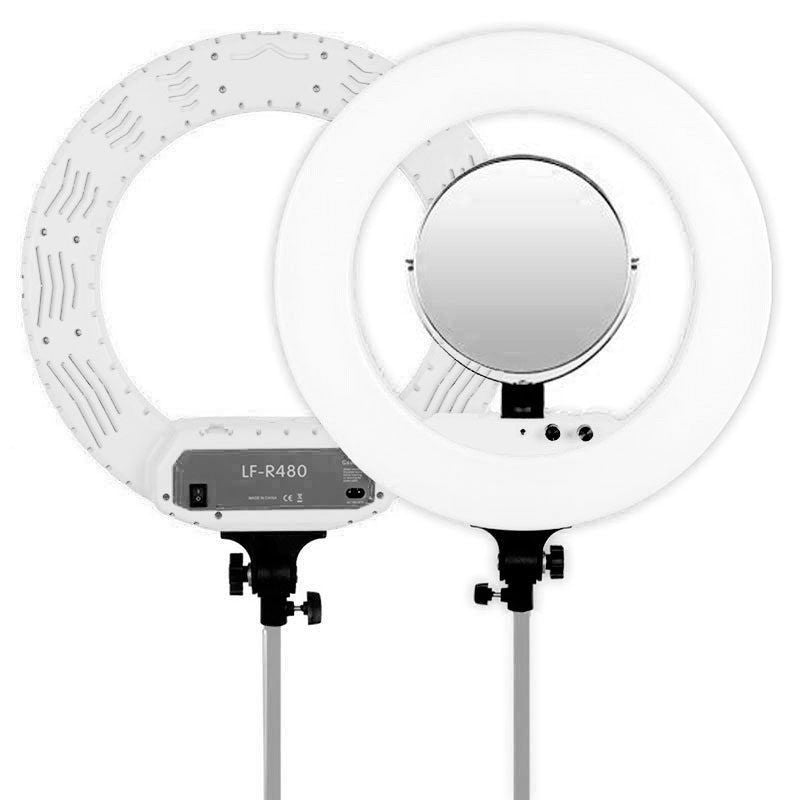 White bicolor LED ring light, front view with control buttons and phone opening
