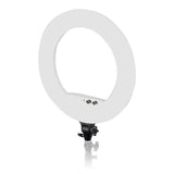White 45cm LED ring light frame with mounting clamp and control panel