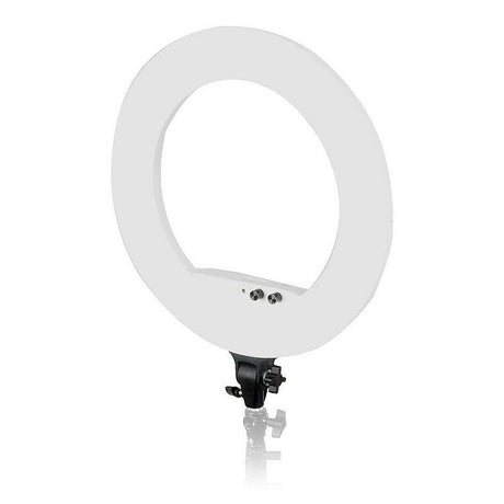 White 45cm LED ring light frame with mounting clamp and control panel