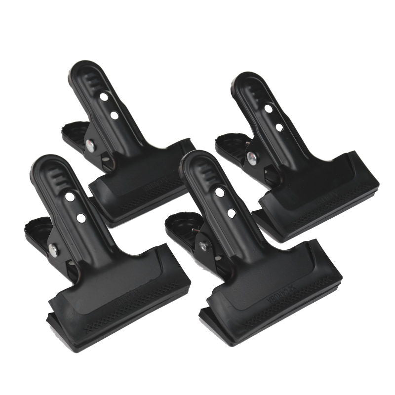 Set of 4 heavy-duty steel clamps, black plastic handles with screw holes and grips
