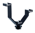 Black triple camera hot-shoe bracket with U-shaped base and two adjustable mounts