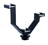 Black triple camera hot-shoe bracket with U-shaped base and two adjustable mounts
