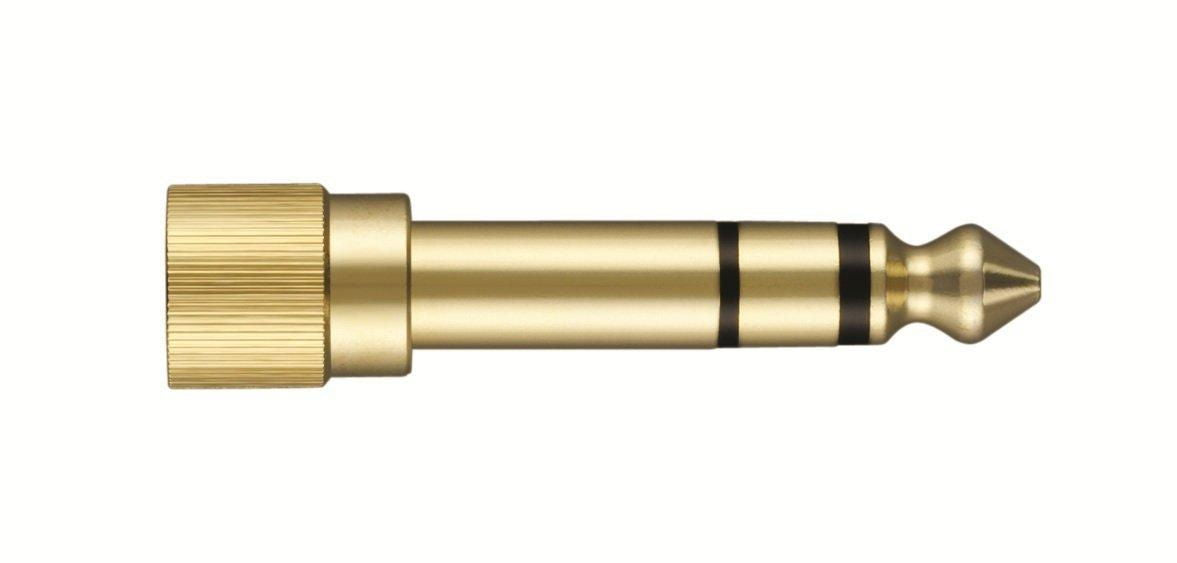 Gold 3.5mm audio plug with black strain relief for headphone connection