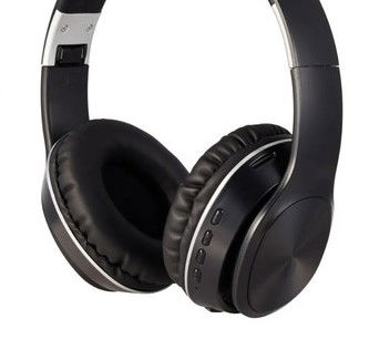 Black foldable over-ear headphones with side buttons and metallic-accent ear cup