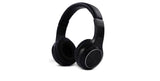 Compact angle of black foldable wireless Bluetooth over-ear headphones with padded cups