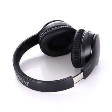 Foldable black over-ear headphones with adjustable headband and padded ear cushions