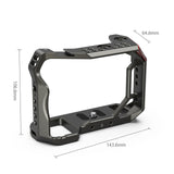 Sony A7 camera cage frame with mounting holes and base plate, side view, grey metal