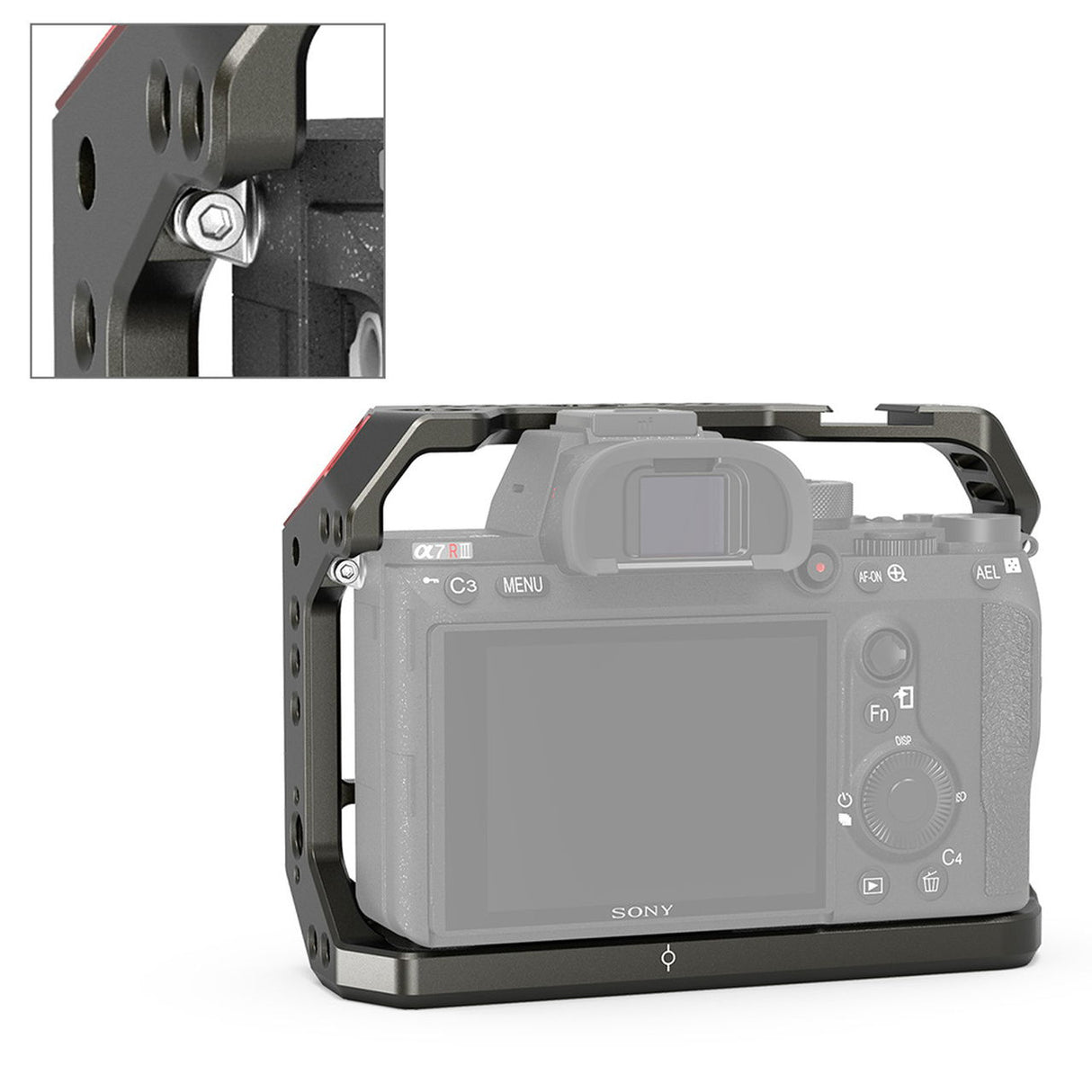 Sony A7 cage with camera installed and front control access, grey metal frame
