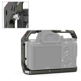 Sony A7 cage with camera installed and front control access, grey metal frame