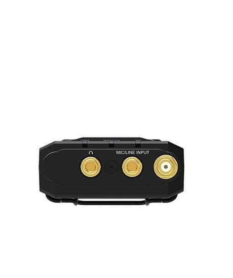 Black wireless UHF transmitter rear panel with MIC/LINE INPUT gold ports and controls