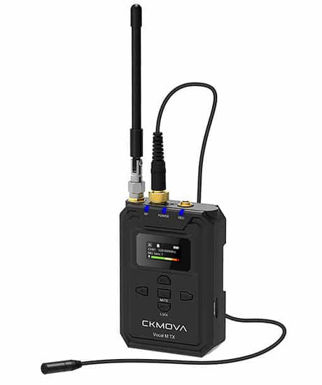 Wireless UHF vocal mic transmitter with long antenna, LCD panel, buttons and cable