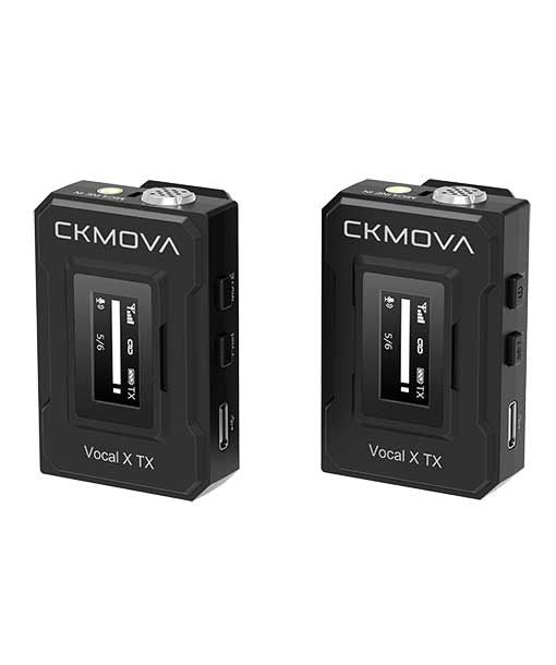 Black wireless mic transmitter units, side ports and screen visible for Vocal X TX.
