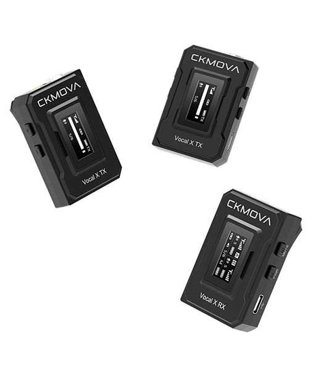 Wireless Lavalier mic transmitter/receiver units, black casing labeled Vocal X TX and RX.
