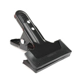 Black heavy-duty clamp with serrated rubber grip and metal hinge pin, close-up