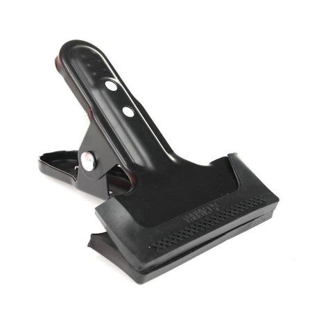 Black heavy-duty clamp with serrated rubber grip and metal hinge pin, close-up