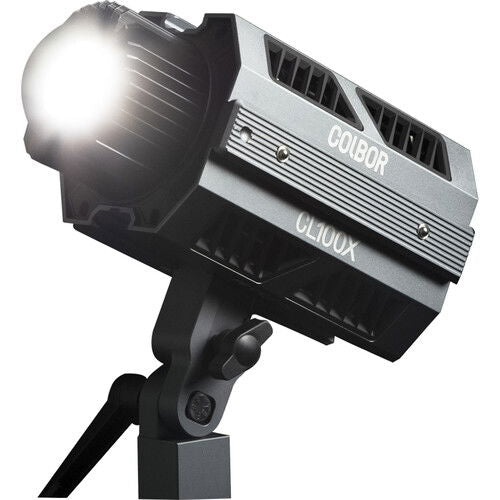 LED spotlight head with angled silver housing, vent slots, and tripod-style stand mount
