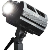 LED spotlight head with angled silver housing, vent slots, and tripod-style stand mount