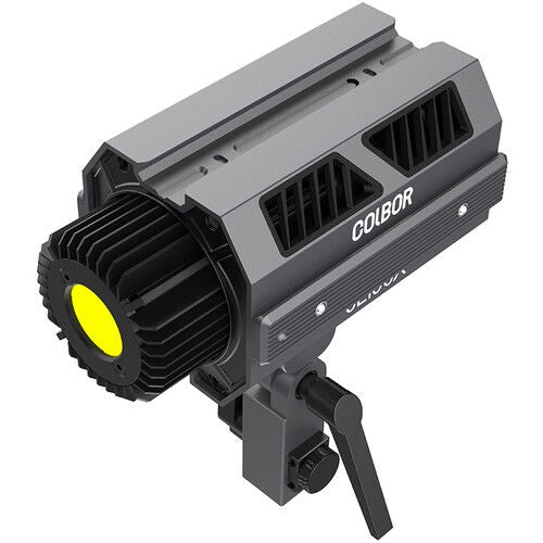 Black and gray bi-color LED spotlight module with yellow front lens and vented housing