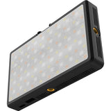 Portable black LED RGB light panel with side vent and circular lens detail