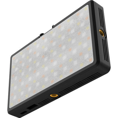 Portable black LED RGB light panel with side vent and circular lens detail