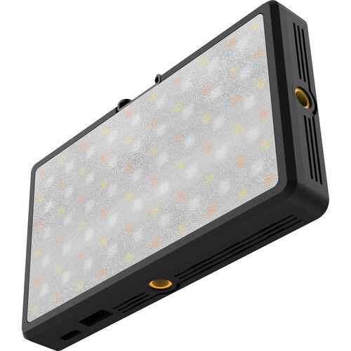 Portable black LED RGB light panel with side vent and circular lens detail